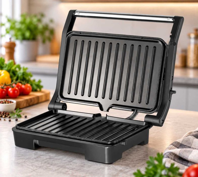 Електрогриль Domotec 1000 Вт контактний гриль прес 180° для стейків мяса овочів сендвічів паніні з антипригарними рифленими пластинами для дому