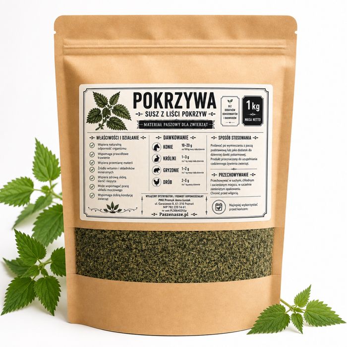 Susz z Liści Pokrzywy Dla Drobiu, Koni, Królików , Odporność , Zdrowie, Dodatek Paszowy Naturalny Zioło Suszona Pokrzywa 1 kg Premium z samych liści