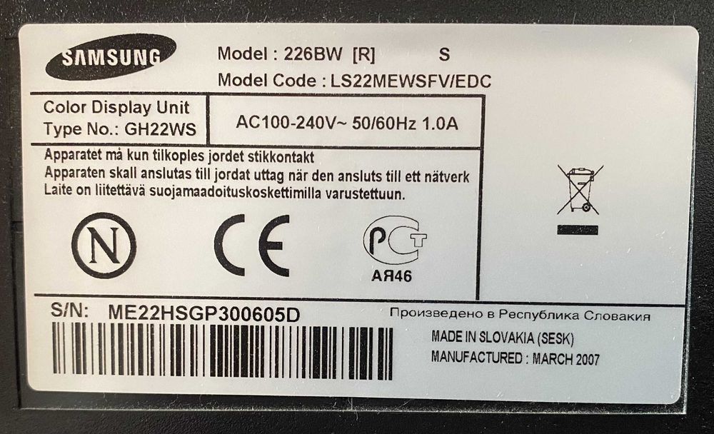 Монітор Samsung SyncMaster 226BW