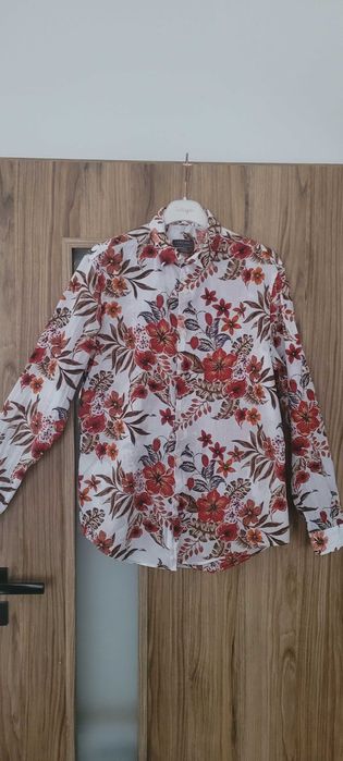 Biała w kwiaty męska koszula bawełna  Zara Man, roz L