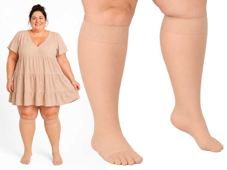 Podkolanówki na tęższe łydki , jasny beż , Lida Plus Size , XXXL