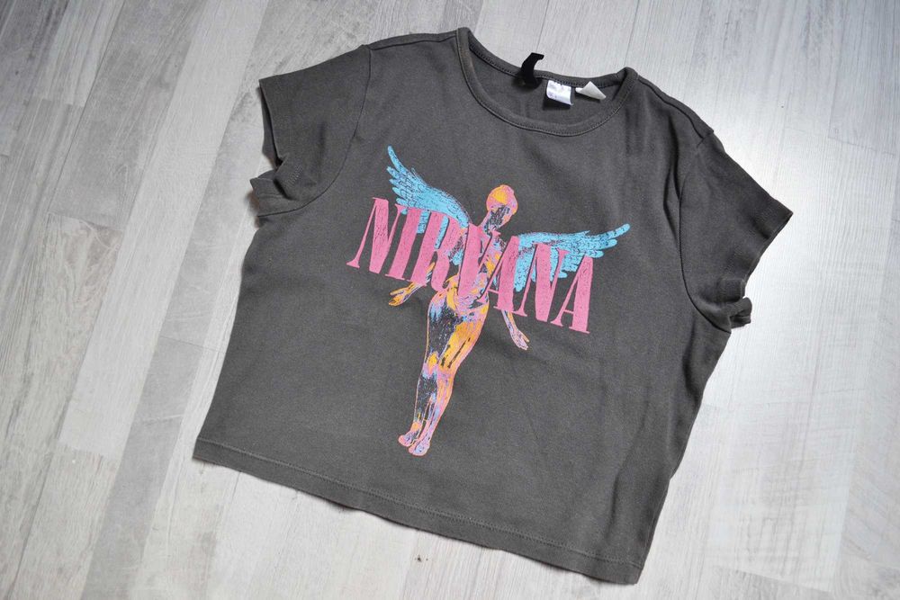 Bluzka h&m Nirvana S szara koszulka grunge crop top