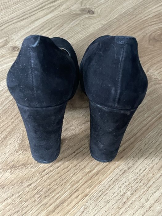 Damskie czółenka, buty obcasie, słupku, Nine West, czarne, skóra, 37