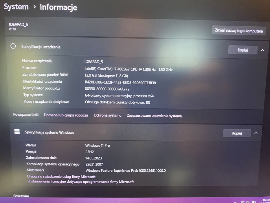 Laptop Dotykowy Lenovo Ideapad5 15,6 i7 12GB 256GB