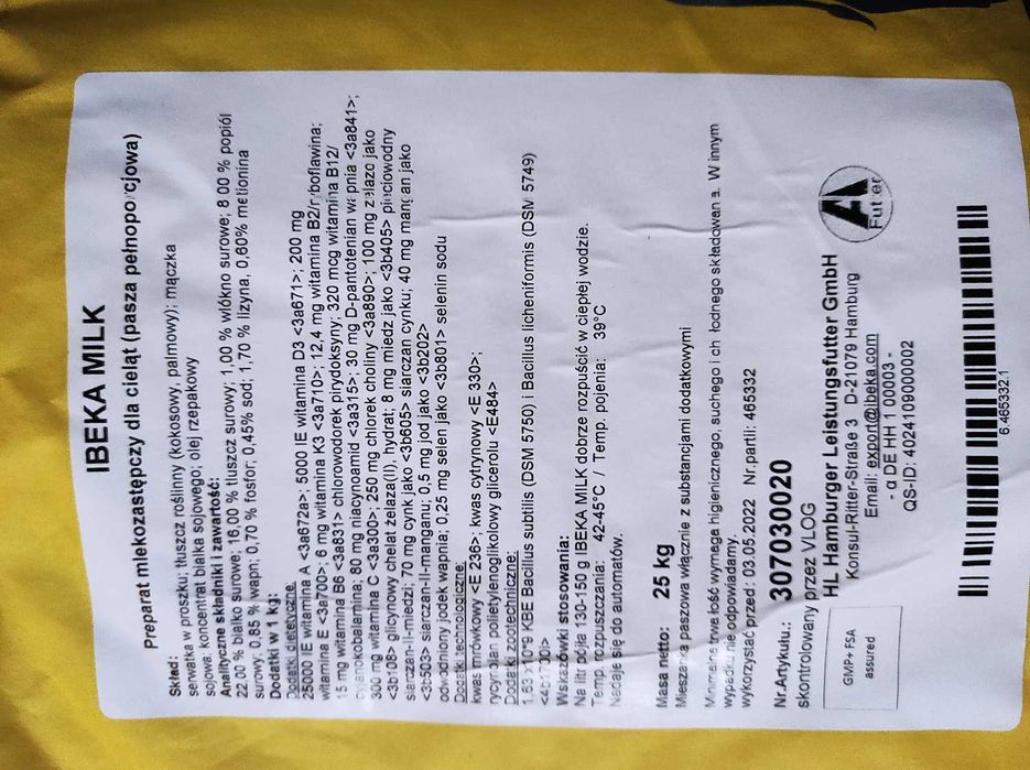 MLEKO DLA CIELĄT od 7 dnia życia Panto Ibeka Milk 25kg mlekozastępczy