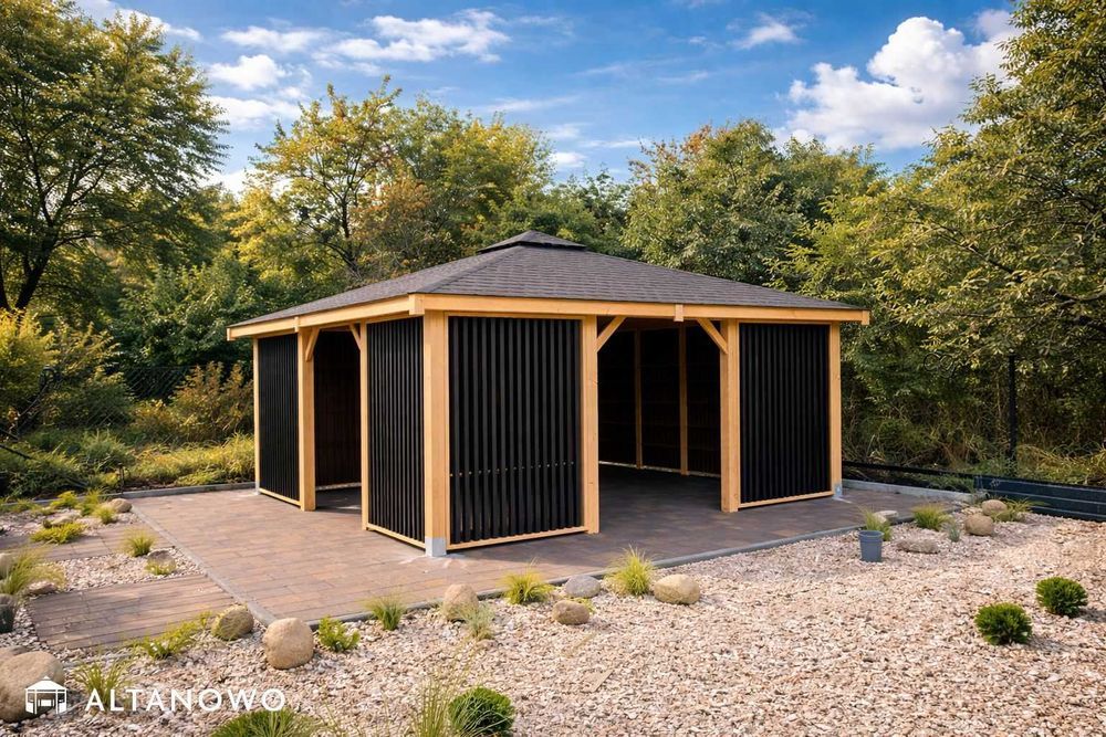 drewniana altana ogrodowa nowoczesna 4x4 do ogrodu na działkę montaż