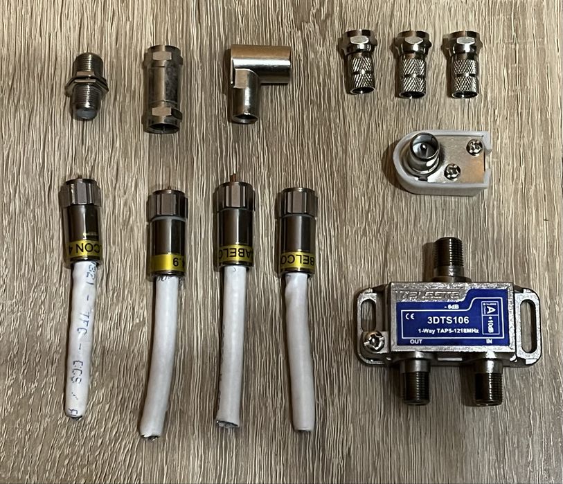 Zestaw TV/SAT: Odgałęźnik Teleste, kable Cabelcon, wtyki F, złączki