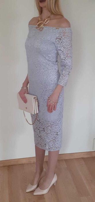 Elegancka sukienka koronkowa,olowkowa,kolor szaro/srebrny 38'nowa z metka