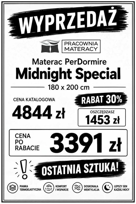 Likwidacja salonu materac Perdormire Midnight Special 3.0 180x200 -30%
