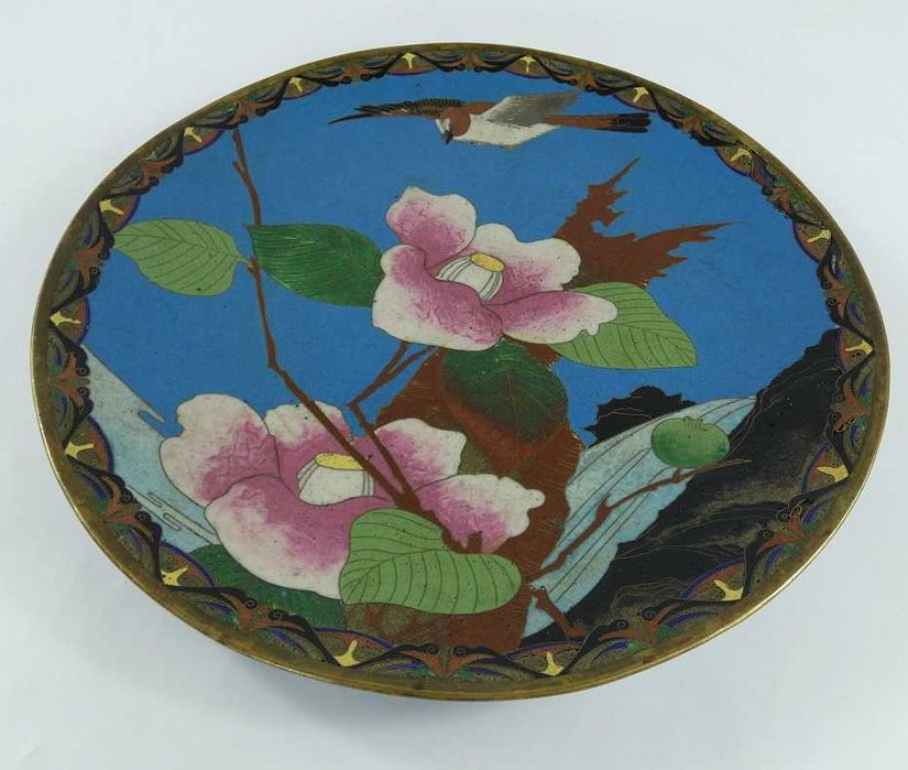 PATERA talerz emalia CLOISONNE ptak kwiat kamelia magnolia 30,5 cm