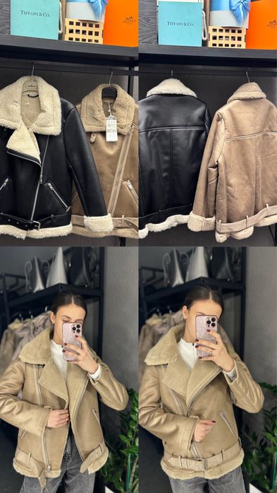 Нова дублянка жіноча чорна, коричнева подовжена з білим, чорним хутром