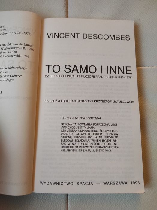 Descombes filozofia francuska, to samo i inne