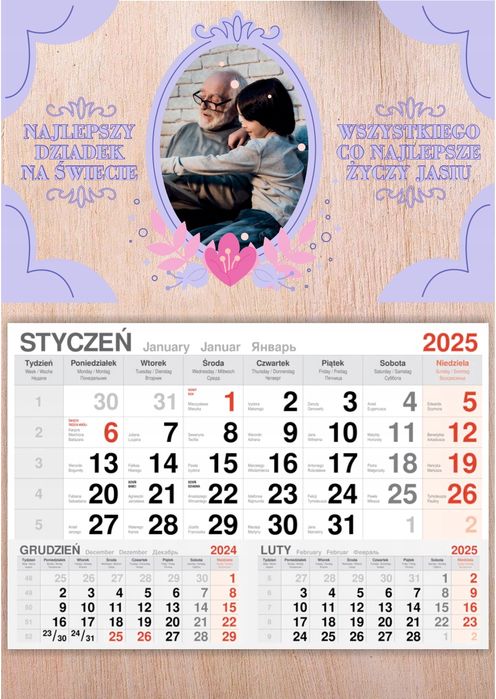 kalendarz 2025 jednodzielny drewniany prezent dzień dziadka