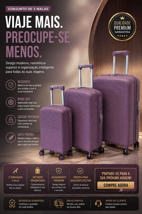 Conjunto Premium de 3 Malas de Viagem | Cabine + Média + Grande | Estado Excelente