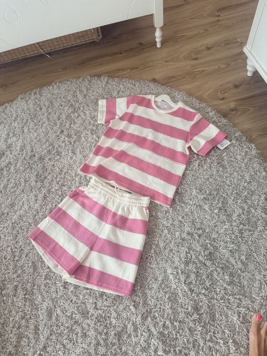 Komplet letni w paski różowo białe pudrowy róż spodenki bluzka krótki Dresowe L XL