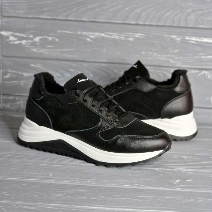 Женские кожаные замшевые зимние черные кроссовки на меху!!!