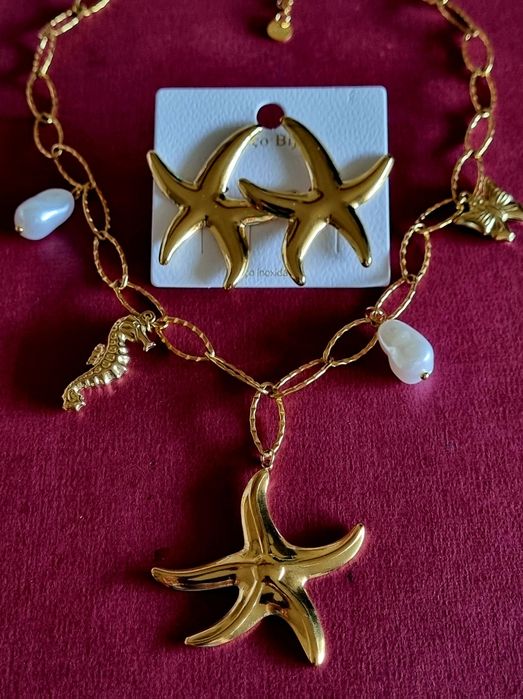 Conjunto dourado (colar e brincos), em aço, da estrela do mar