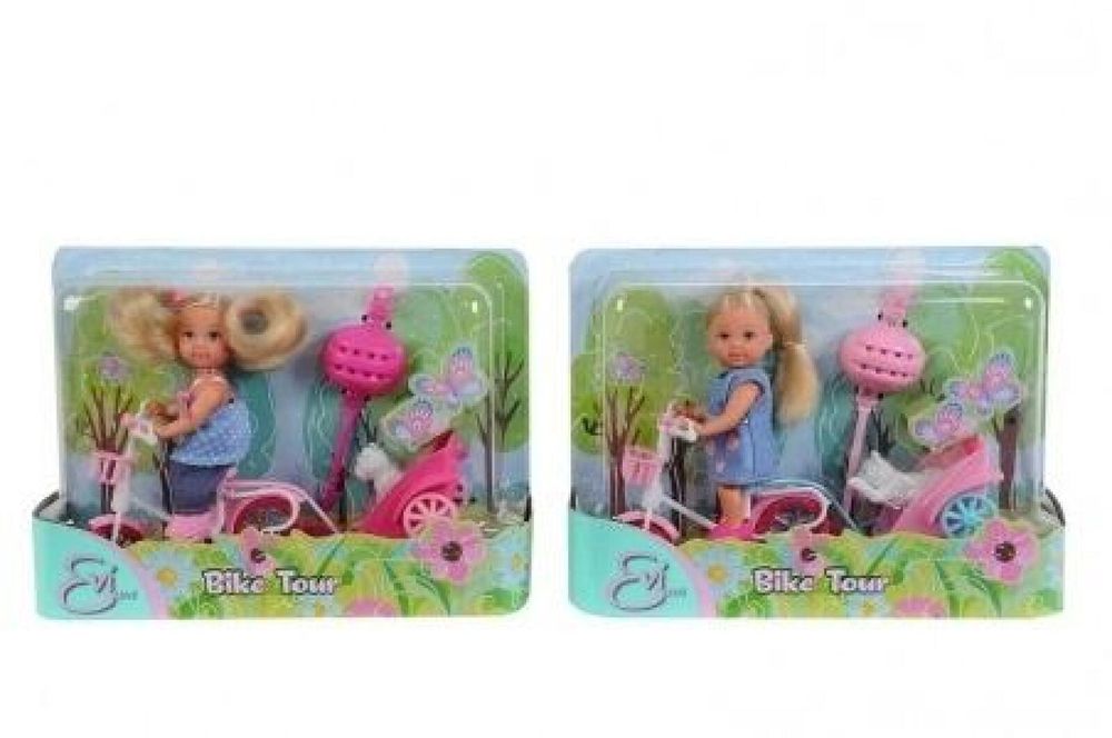 Evi na rowerze z przyczepką, 2 rodzaje Evi Love pudełko,223x162 mm