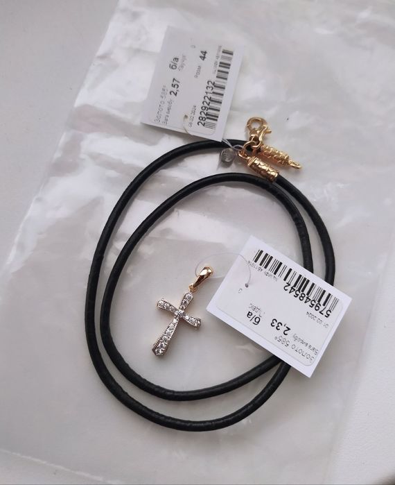 Золотий хрестик жіночий, шкіряний шнурок