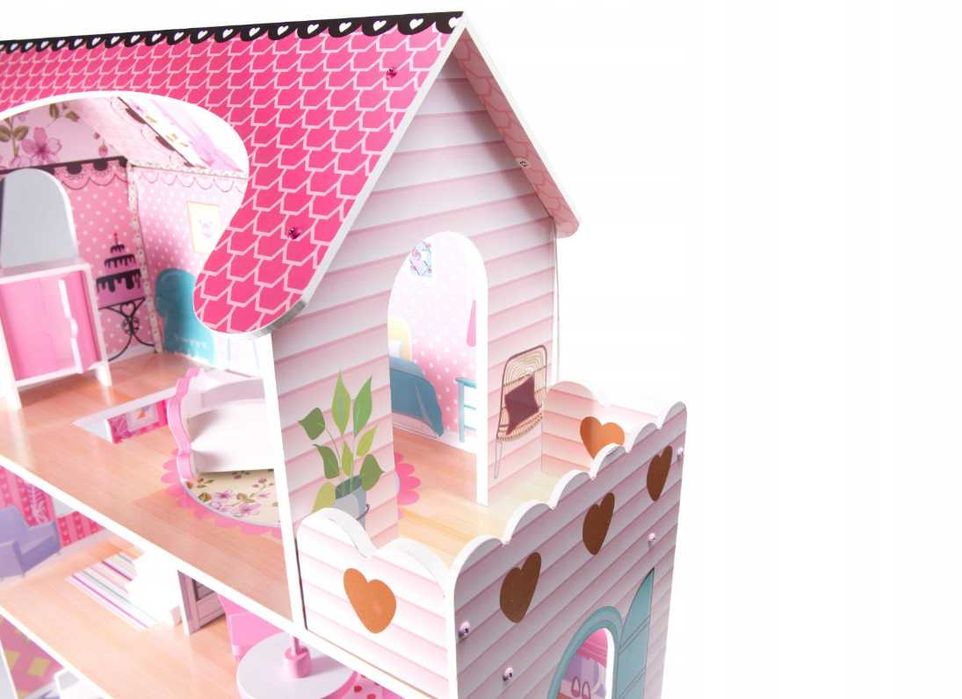 Drewniany Domek dla Lalek XL 70cm + LED i Mebelki – Różowy (OKAZJA)