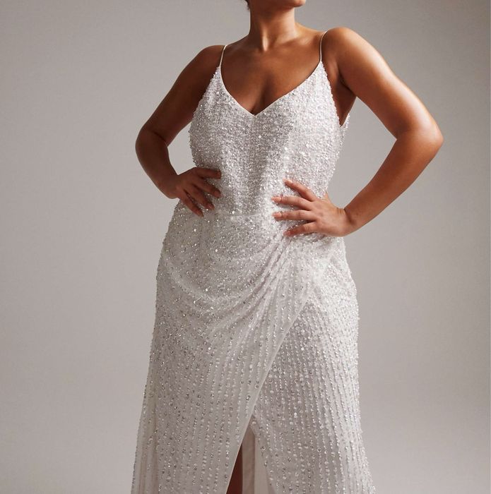 Asos cekinowa biała drapowana sukienka maxi 8 xl 56 7 xl 54