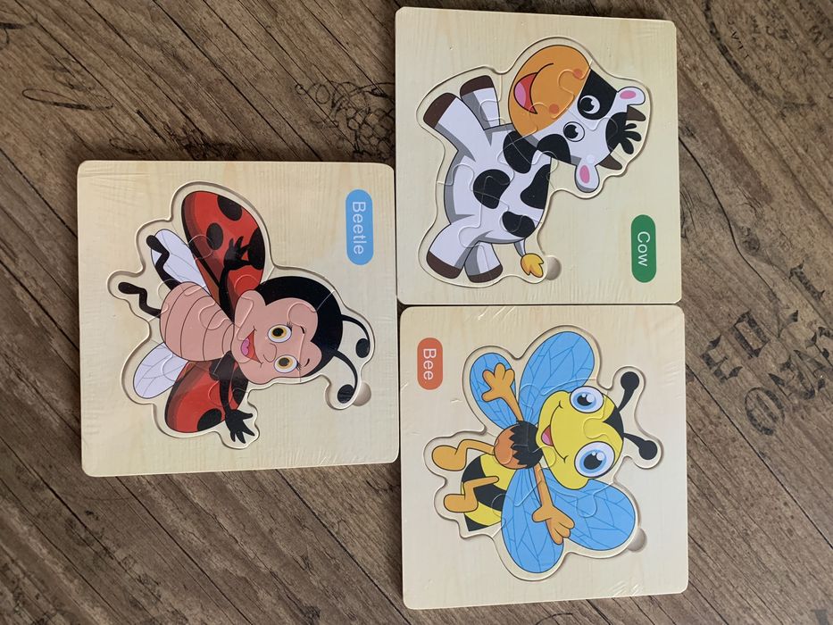 Nowe zafoliowane drewniane puzzle układanka 3 sztuki