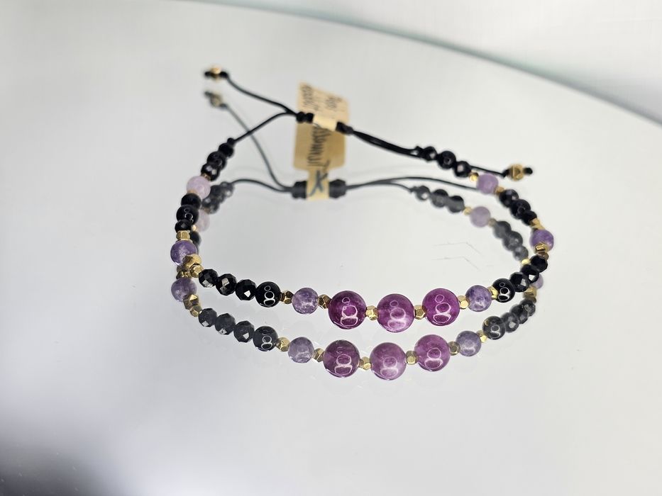 Bransoletka na sznurku turmalin jaspis lepidolit czarny różowy