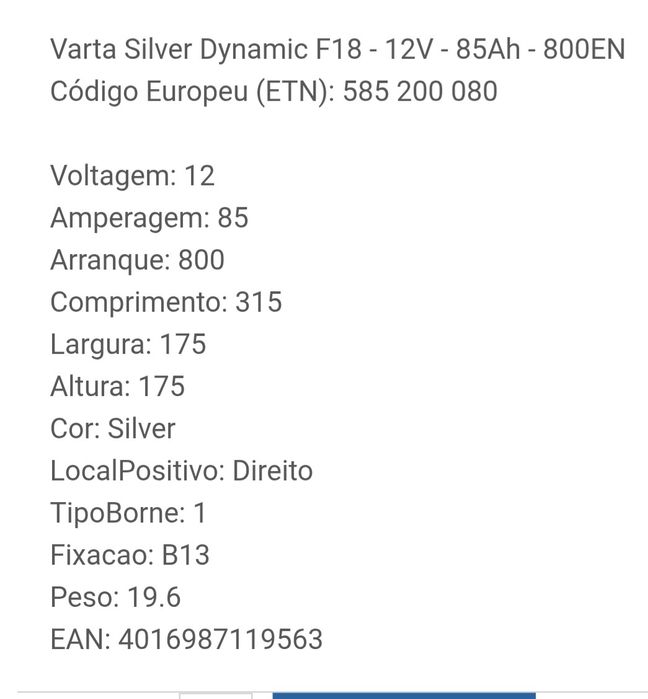 Bateria Varta 85ah
