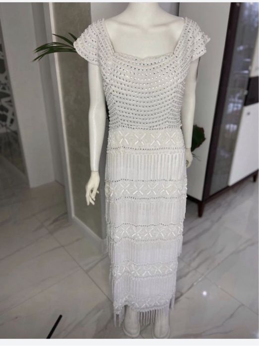 Virgos lounge biała cekinowa sukienka midaxi frędzle hiszpanka 46 3 xl