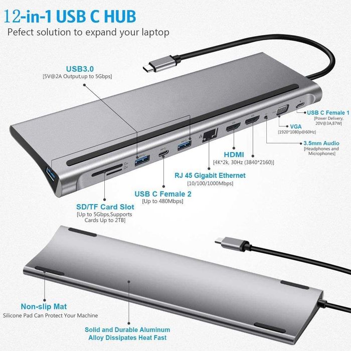 Док-станція 1Goal® USB C - 12 в 1 HUB MST, алюмінієва станція типу C