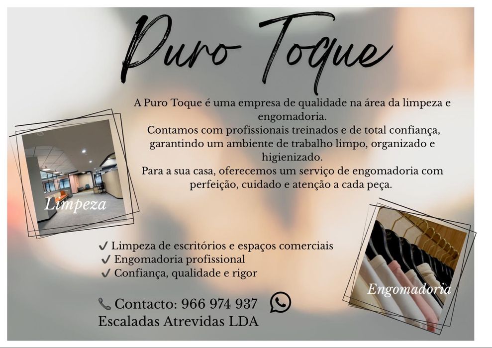 Empresa Puro Toque limpeza de ambientes profissionais e engomadoria