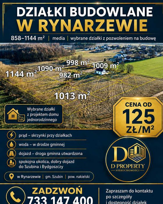 Działki budowlane przy Rynarzewie | 858–1144 m² | pozwolenie na budowę lub z warunkami zabudowy | media