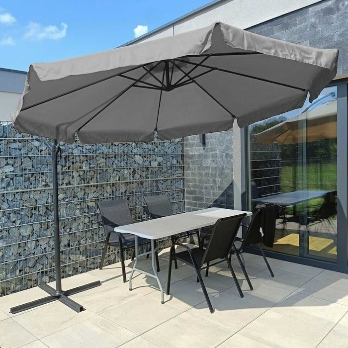 Parasol Ogrodowy Z Wysięgnikiem XXL 350CM NOWY MOCNY Czasza 8 Segmentów Korba Regulacja Kąta Stalowy Stelaż Na taras Balkon Ogród Grafitowy Szary