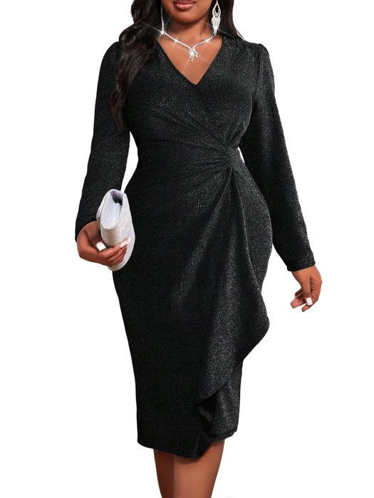 Shein czarna sukienka elegancka midi z marszczeniem i długim rękawem 44 1la