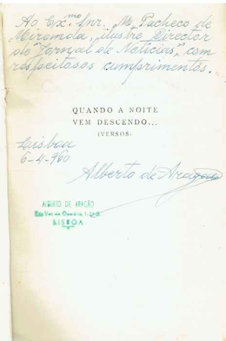 9704 Quando a Noite Vem Descendo de Alberto de Aragão/ Autografado