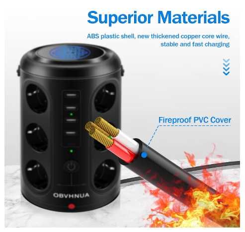 OBVHNUA Listwa zasilająca 18w1 2500W EU USB USB-C indukcja 10W