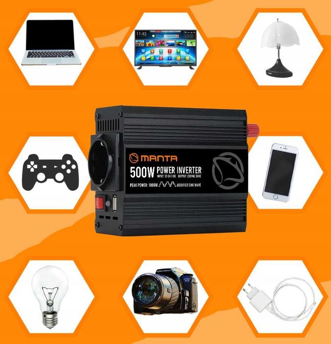 Inwerter napięcia samochodowy 500W 1000W 12V 24V z USB i latarką NOWA