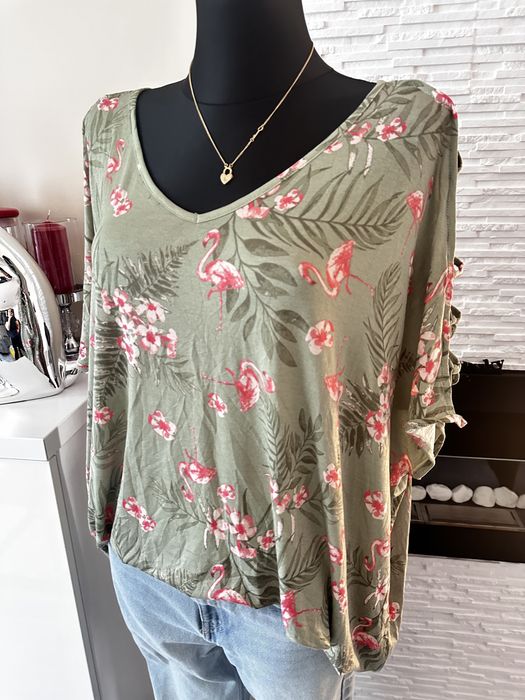 Nowa piekna bluzka kobieca flamingi kwiaty plus size 52 54 Wiskoza