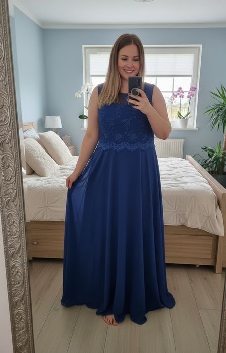 Chabrowa kobaltowa sukienka 44/46 koronka szyfon  nowa