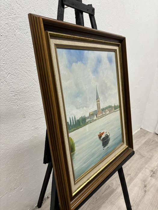 Piękny obraz w drewnianej oprawie pejzaż