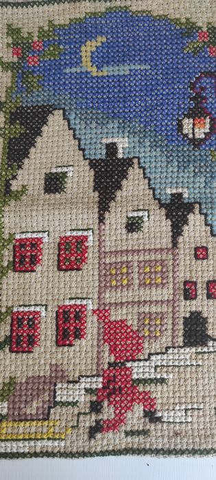 Gobelin  Domki  Len Handmade Haft krzyżykowy