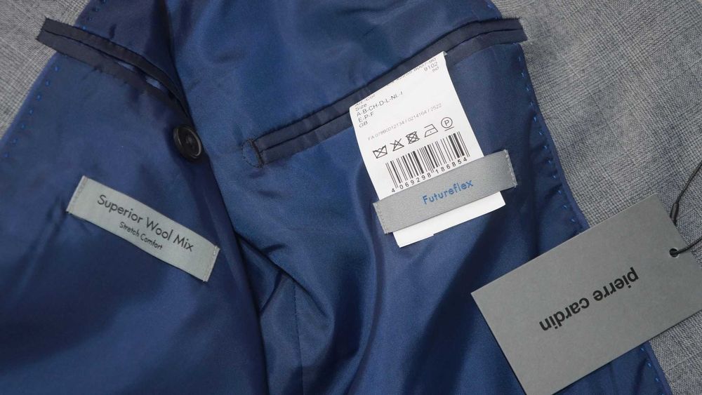 Nowy Garnitur Pierre Cardin 50 Modern Fit Wełna Szary Popielaty Krata
