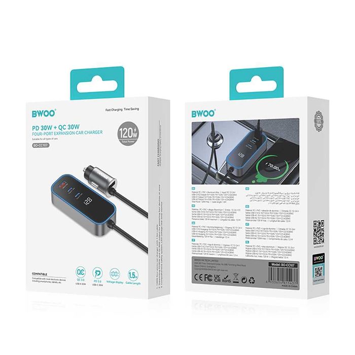 BWOO ładowarka samochodowa PD RGB CC107 1x USB-C 1x USB 30W czarna