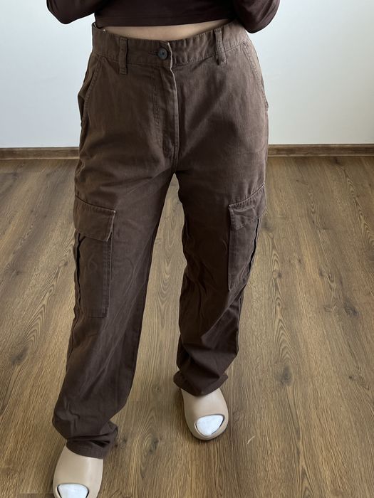 Spodnie jeansy cargo wide leg brązowe S