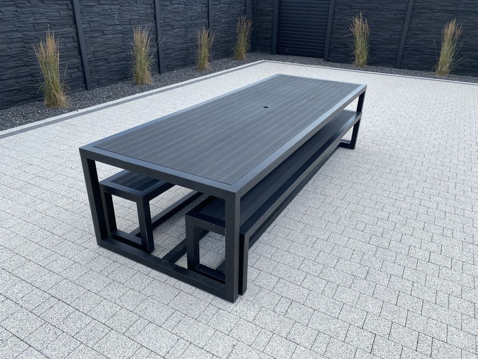 Meble ogrodowe metalowe stalowe nowoczesne czarne duzy zestaw 315cm