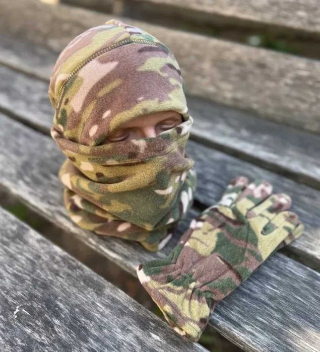 Тактический зимний комплект шапка флисовая баф перчатки олива шапка