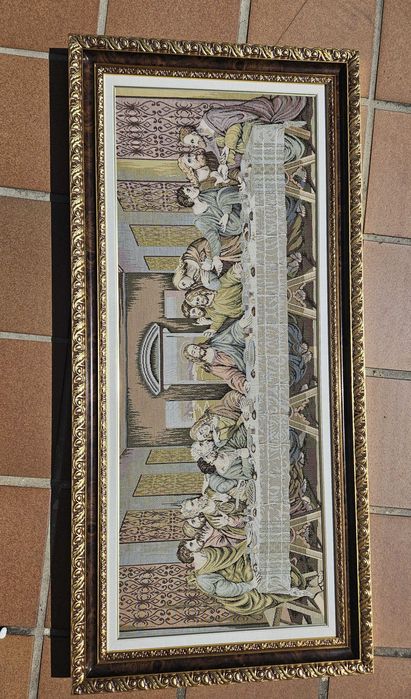 'Última Ceia', Tapeçaria de Algodão Italiana, Moldura de Folha Dourada