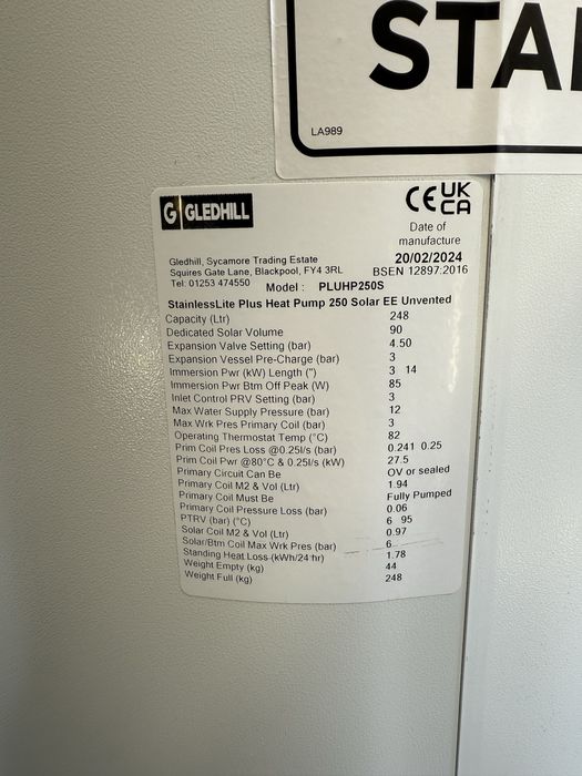 Zasobnik CWU 250L Gledhill do pompy  ciepła  i solarów ,