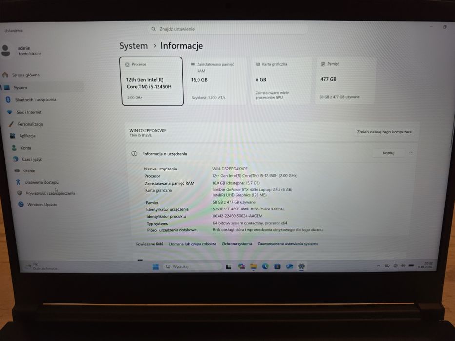 Laptop gamingowy msi thin 15 b12ve