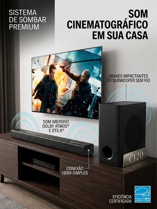 Soundbar com Subwoofer – Dolby Atmos & DTS:X | Excelente Estado